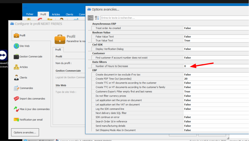Options avancées Atoosync — Number of Hours to Decrease à 0